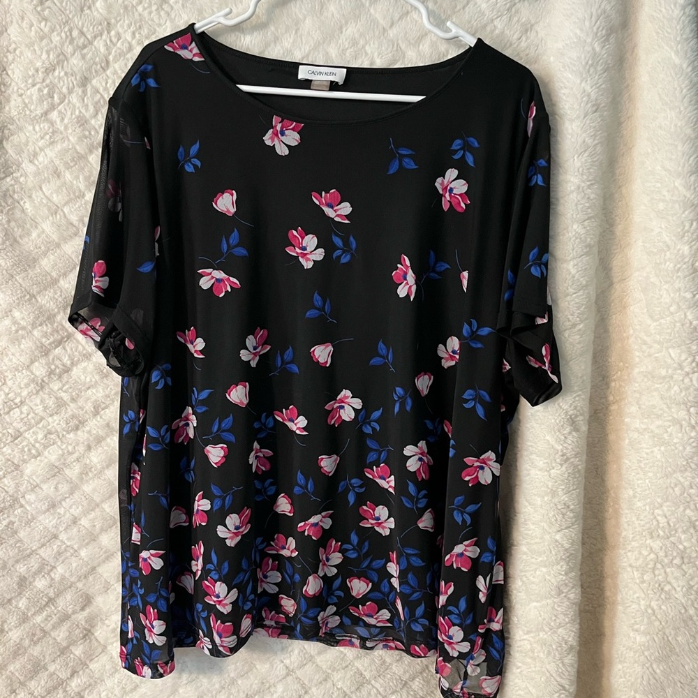 Calvin Klein Black Top with Pink and Blue Floral Design